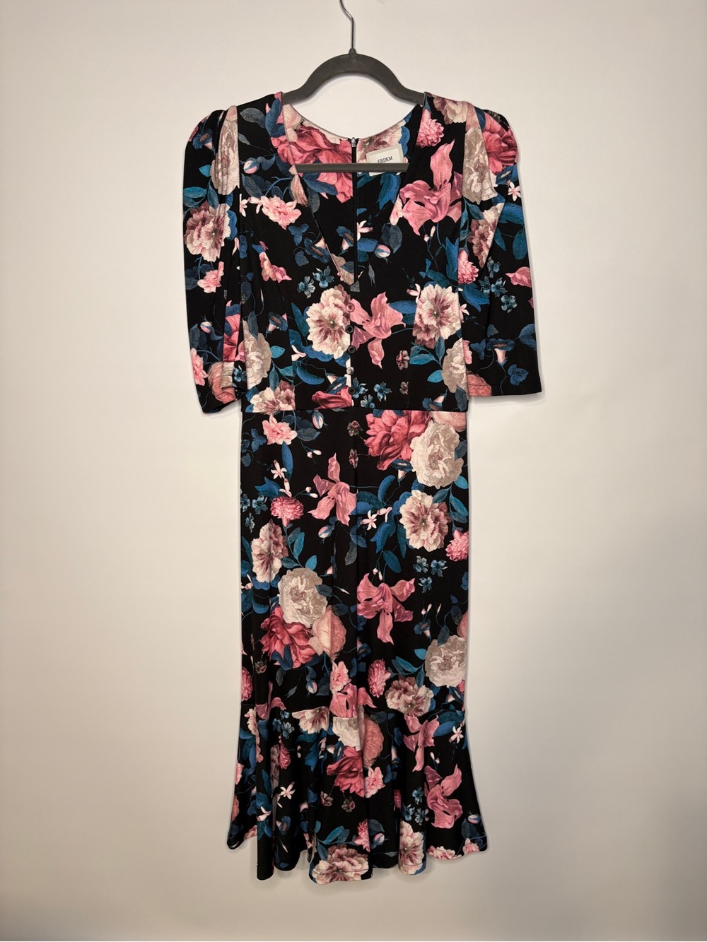 Erdem Ottavia Floral Print Ruffled Midi Dress V Neck Elbow Sleeves Size 6